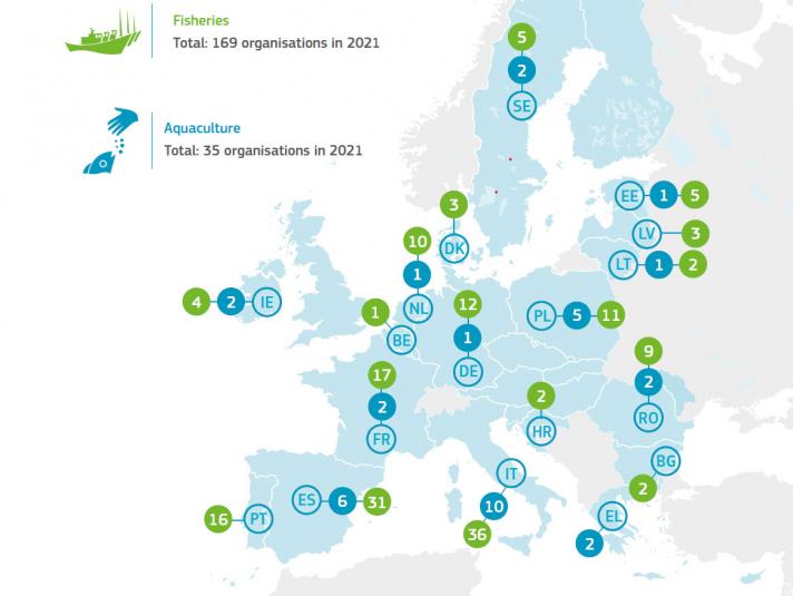 Map with the number of producer organisations in 2021