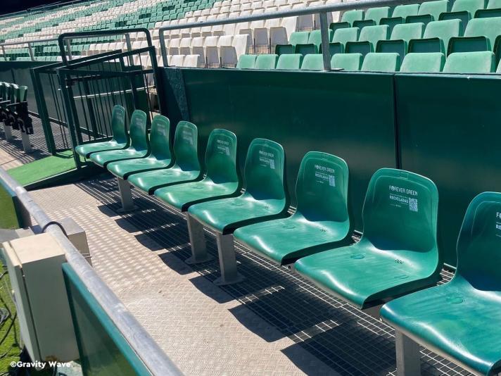 Benito Villamarin stadium seats made with fishing nets recovered from seas and ports by Gravity Wave. A joint project with Real Betis Balompié. ©Gravity Wave