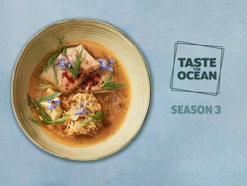 Taste the Ocean, season 3. Recipe from Hungary. plate with Carp fish and logo Taste the Ocean